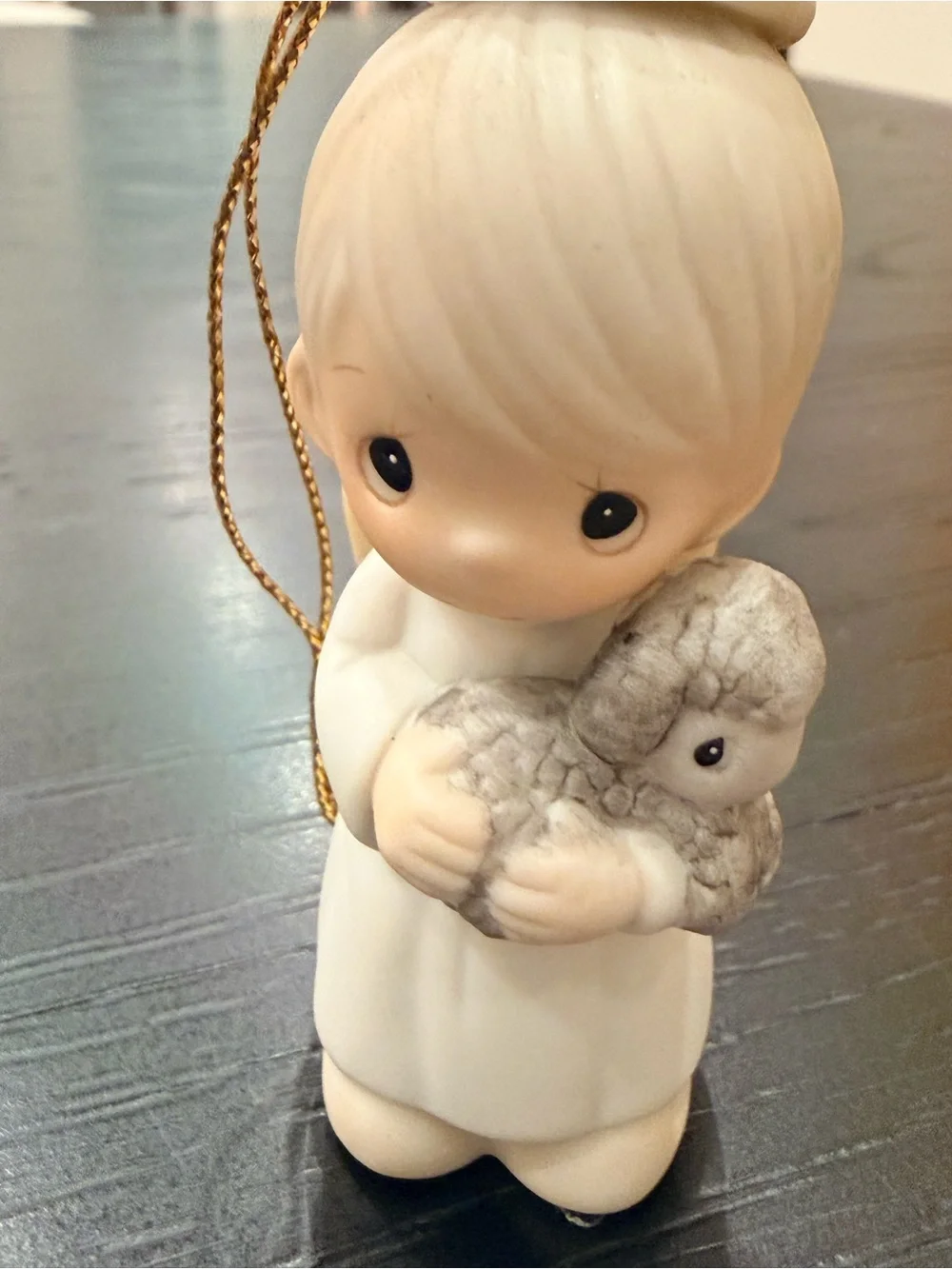 Vintage Precious Moments Angel Ornament in Cream and Gray with Gold Cord (1986)